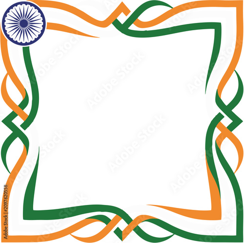 Decorative Square Border Frame Featuring Artistic Saffron and Green Intertwined Lines With Indian Ashoka Chakra Symbolism for National Celebration Designs