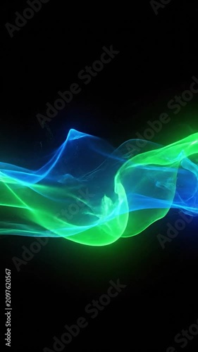 Abstract green and blue glowing wave energy flow on black background.