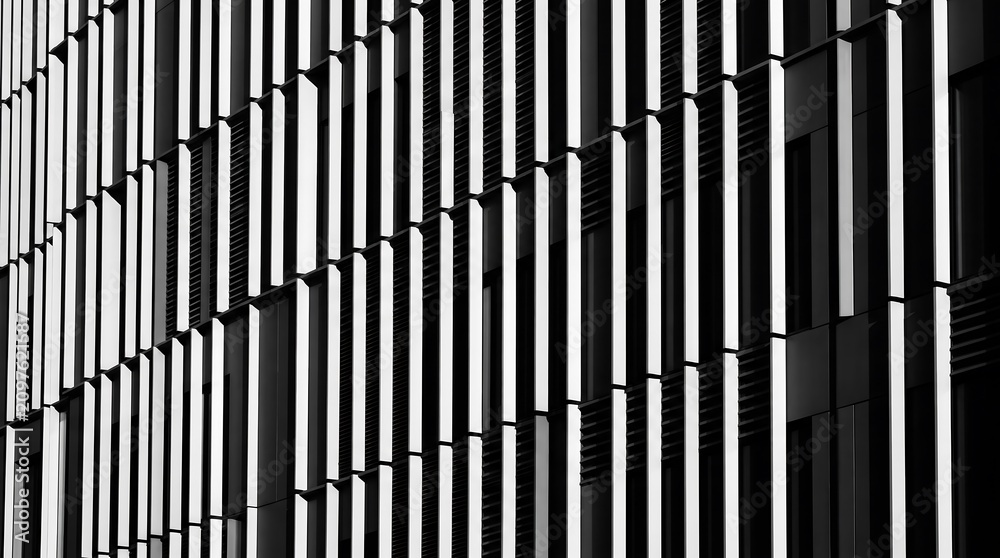 Obraz premium Abstract black and white architectural facade with strong vertical lines and geometric patterns creating a play of light and shadow on a modern building.