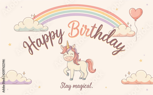 Cute unicorn birthday card with rainbow and clouds. Whimsical greeting for celebrations. Child-friendly design with pastel colors.