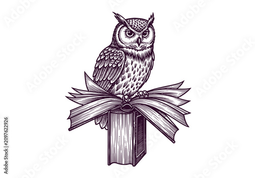 Wise owl perched atop open book vector illustration for education