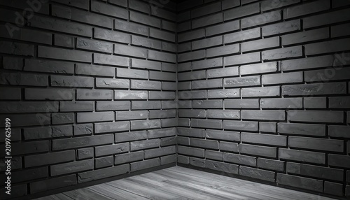 A dimly lit room with a corner of gray brick walls and a light-gray wooden floor