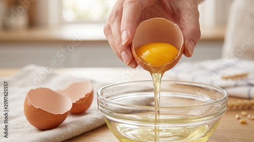 Fresh Egg Cracking and Pouring Egg Yolk into Glass Bowl for Cooking Preparation