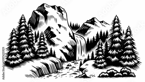 Mountain landscape with forest and river in black and white woodcut style