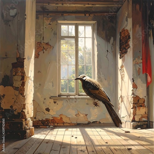 A dimly lit room with exposed brick and peeling plaster features a lone bird perched on a worn wooden floor, gazing out a grimy window