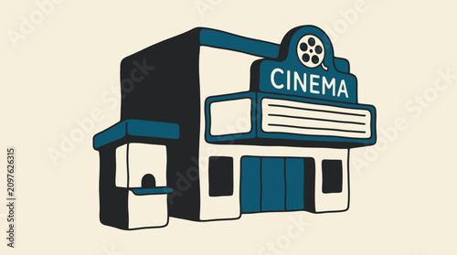 Hand drawn illustration of a classic theater building with cinema sign