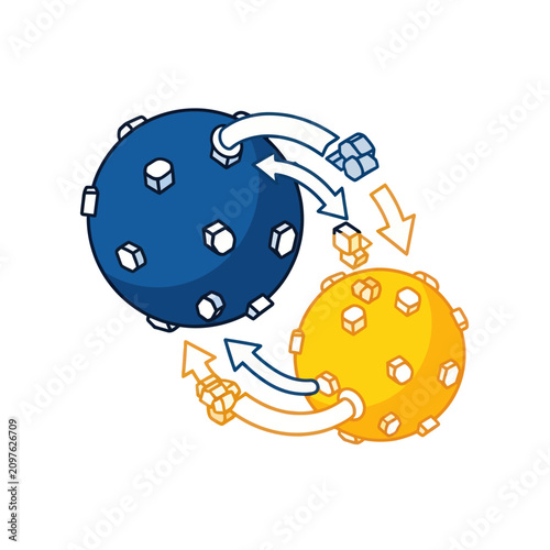Colorful Spheres with Arrows and Cubes Illustration.