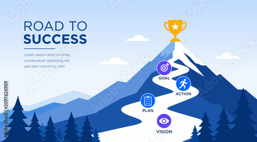 Foto Mountain success roadmap journey with business strategy achievement concept, modern vector banner for presentation and corporate growth
