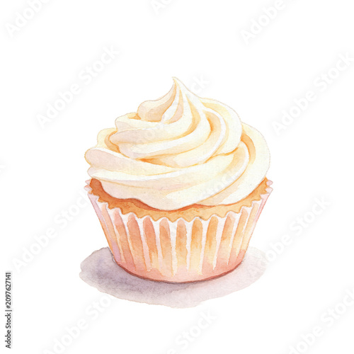 Fotografija Vanilla Cupcake with Swirl Frosting: A delectable vanilla cupcake crowned with a generous swirl of creamy white frosting, presented in a fluted paper liner