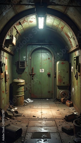 A dimly lit, rundown room with a green door and walls, littered with debris and trash