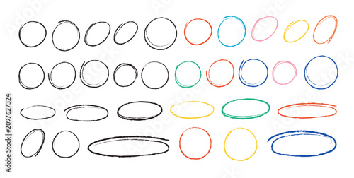 Hand drawn line brush oval set. Line brush pencil oval color doodle marker chalk pen. Vector