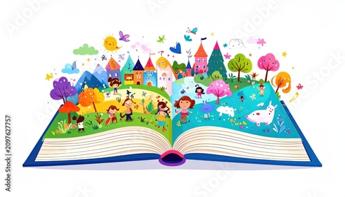 Colorful pop-up book depicting nature and fantasy world.