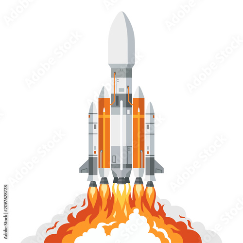 Heavy lift launch vehicle space rocket blasting off with fire and exhaust smoke flat vector illustration