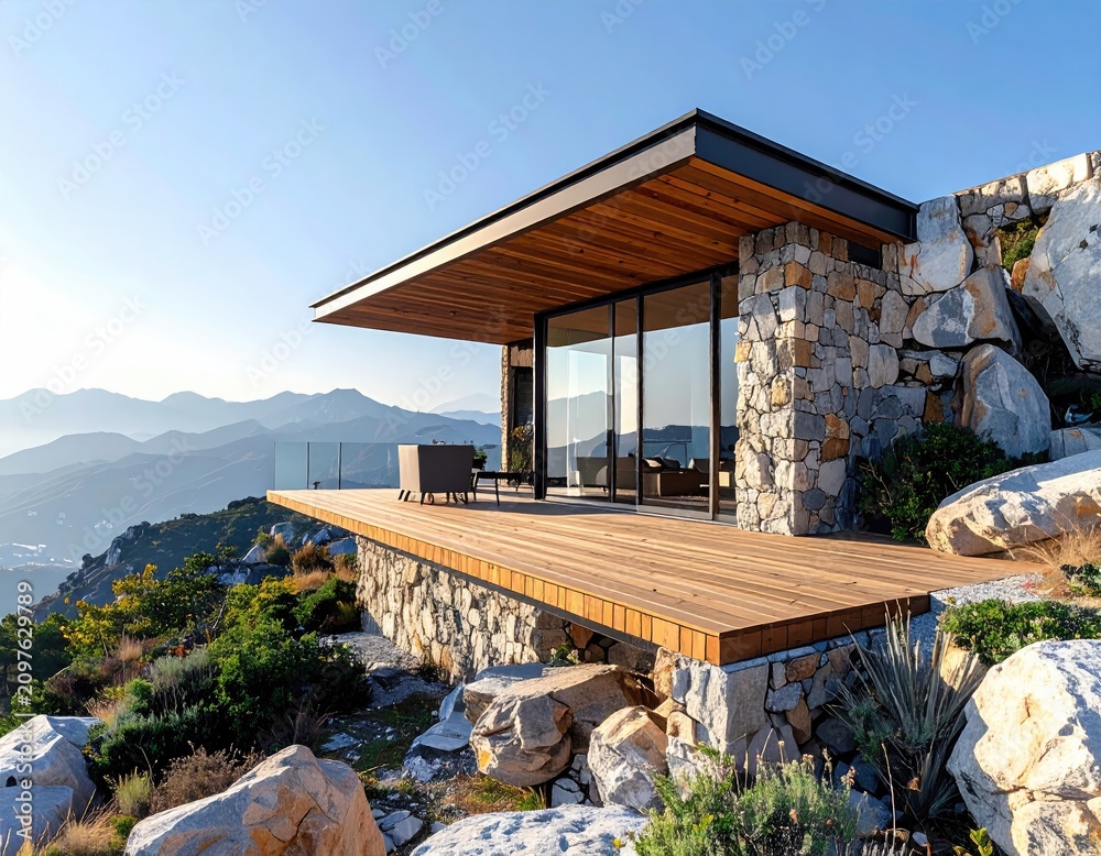 Obraz premium Modern stone villa with panoramic mountain and sea views