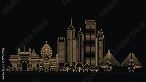 Bild auf Leinwand Mumbai City Skyline Line Art Vector Featuring Iconic Landmarks, Modern Urban Arc