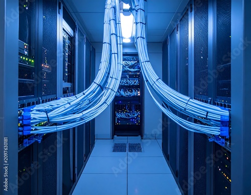 A dimly lit server room with rows of computer servers and neatly organized cables