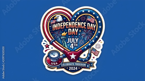 Patriotic Independence Day Stethoscope Heart Emblem with USA Flag and Fireworks Celebration Design