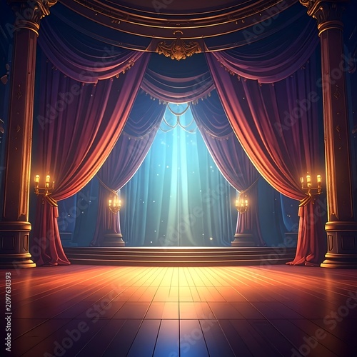 A dimly lit stage with a bright spotlight shining through red curtains