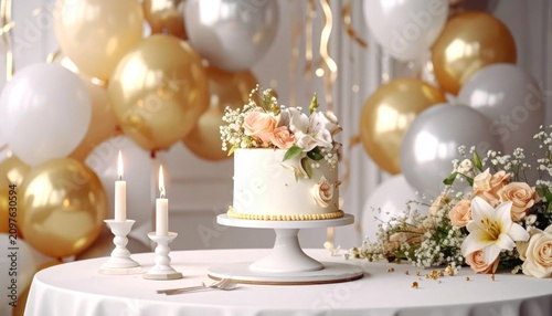 Elegant white wedding cake with balloons and flowers.