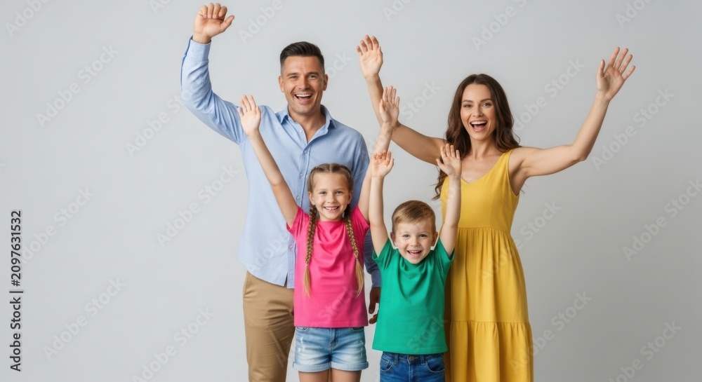 Obraz premium Happy family celebrating together with arms raised. Joyful parents and children laughing in bright modern studio setting.