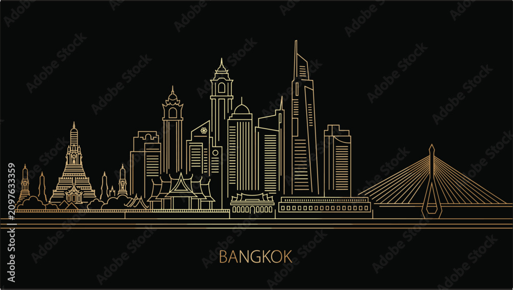 Obraz premium Bangkok City Skyline Line Art Vector Featuring Iconic Landmarks, Modern Urban Architecture Illustration