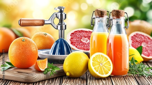 Fresh Citrus Juice Preparation Station with Juicer and Bottles of Various Fruit Juices