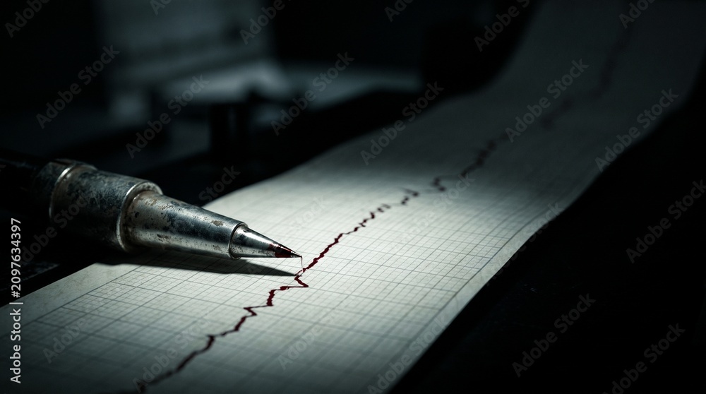 Fototapeta premium Macro view of mechanical pen drawing heartbeat line on paper.