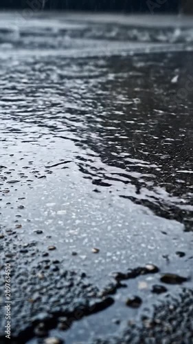 Raindrops splashing on wet asphalt pavement during heavy rain storm.