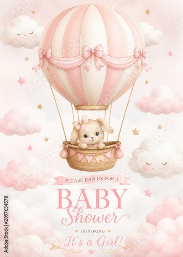 Cute baby shower invitation with bunny in hot air balloon watercolor card for baby girl celebration design