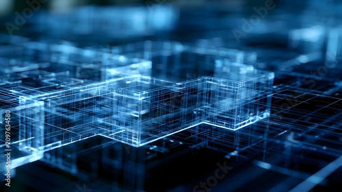 Abstract blue wireframe structures forming interconnected geometric shapes on a dark technological surface