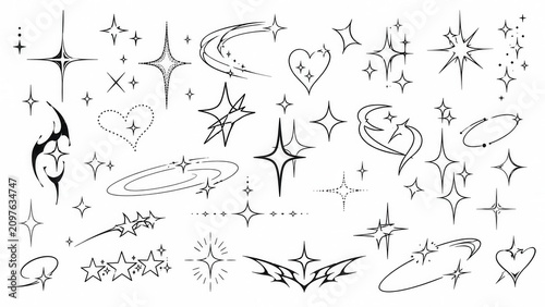 Sparkle star doodle icon collection with celestial twinkle symbols and decorative magic line elements set