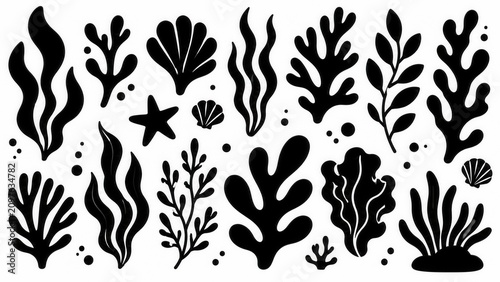 Minimal black seaweed silhouette collection with coral marine plant shapes and ocean botanical design set
