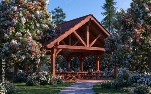 Rustic Pavilion Dining Area Surrounded by Blooming Orchard Trees in Serene Landscape Setting