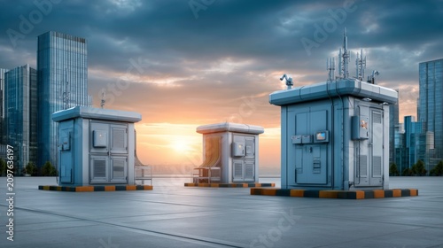 Modern Smart City Hub with Sensors and Communication Equipment at Sunset