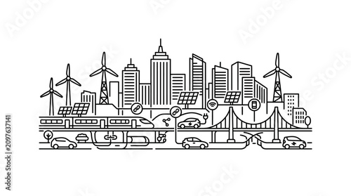 Line art illustration of a sustainable eco friendly city with renewable energy sources.