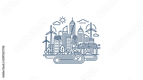 Line art illustration of a sustainable eco friendly city with renewable energy sources.