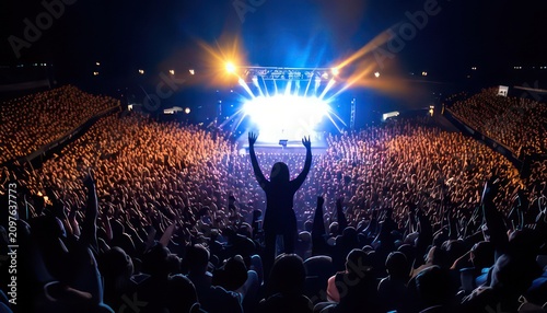 Silhouette of a person celebrating at a large music concert