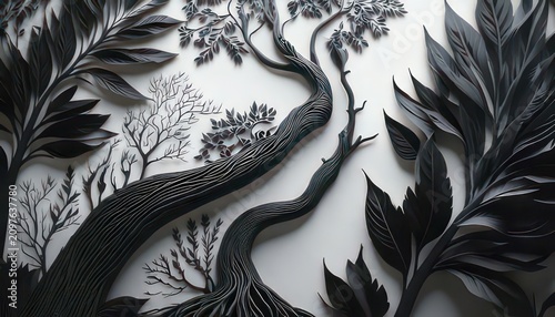 Abstract black paper cut trees and leaves on white background