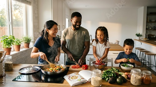 Happy multiethnic family cooking healthy meal in a sunny kitchen