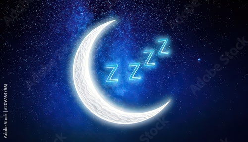 Glowing crescent moon with sleeping symbols in a starry night sky