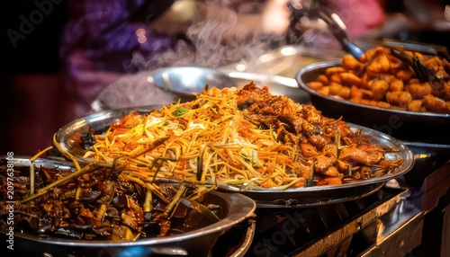 Delicious steaming asian street food on display at night market