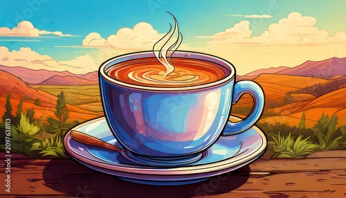 Steaming cup of coffee with scenic mountain sunset background