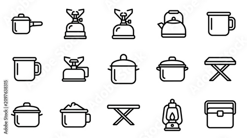 Camping Cookware and Gear Icons: Pots, Stoves, Kettle, Lantern, Cooler