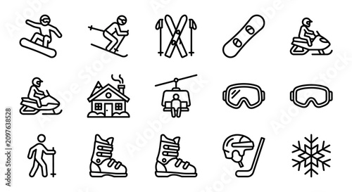 Foto Winter Sports Icons Set: Snowboarding, Skiing, Snowmobile, Cabin, Cable Car, Gog