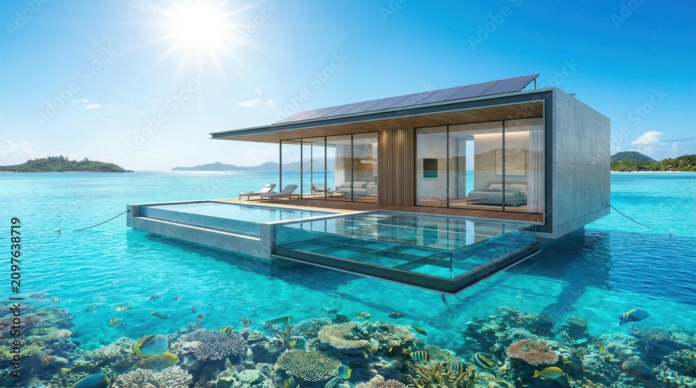 Fototapeta premium Stunning luxury overwater bungalow with infinity pool and glass bottom deck over tropical ocean.