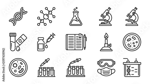 Vászonkép Science Laboratory Icons: DNA, Microscope, Test Tubes, Syringe, Flask, Petri Dis