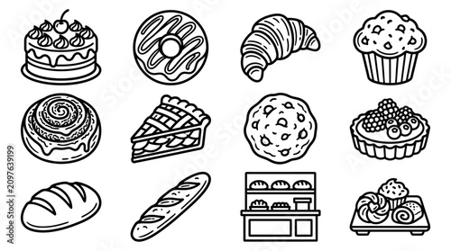 Foto Variety of Delicious Baked Goods Icons - Cake, Donut, Croissant, Muffin, Pie, Br
