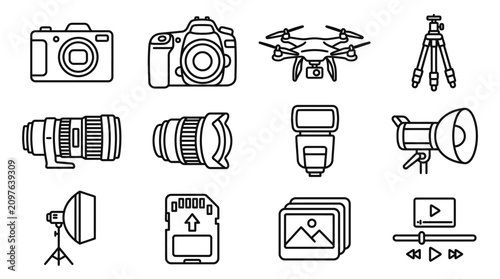 Cuadro en lienzo Photography Equipment Icons Set: Camera, Drone, Tripod, Lenses, Flash, SD Card,