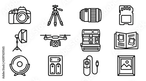 Obraz na plátně Photography Equipment Icons: Camera, Drone, Tripod, Lens, SD Card, Flash, Batter