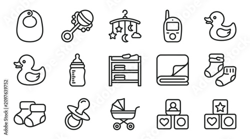 Canvastavla Baby Essentials Icons Set: Bib, Rattle, Mobile, Monitor, Duck, Bottle, Shelf, Bl